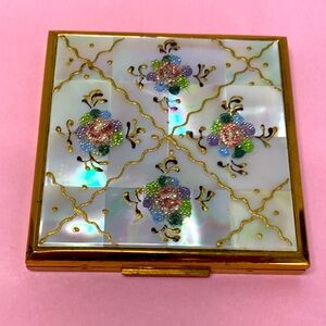 Vtg Elgin American Floral Compact Mother of Pearl Mirror Gold Tone Small Flowers